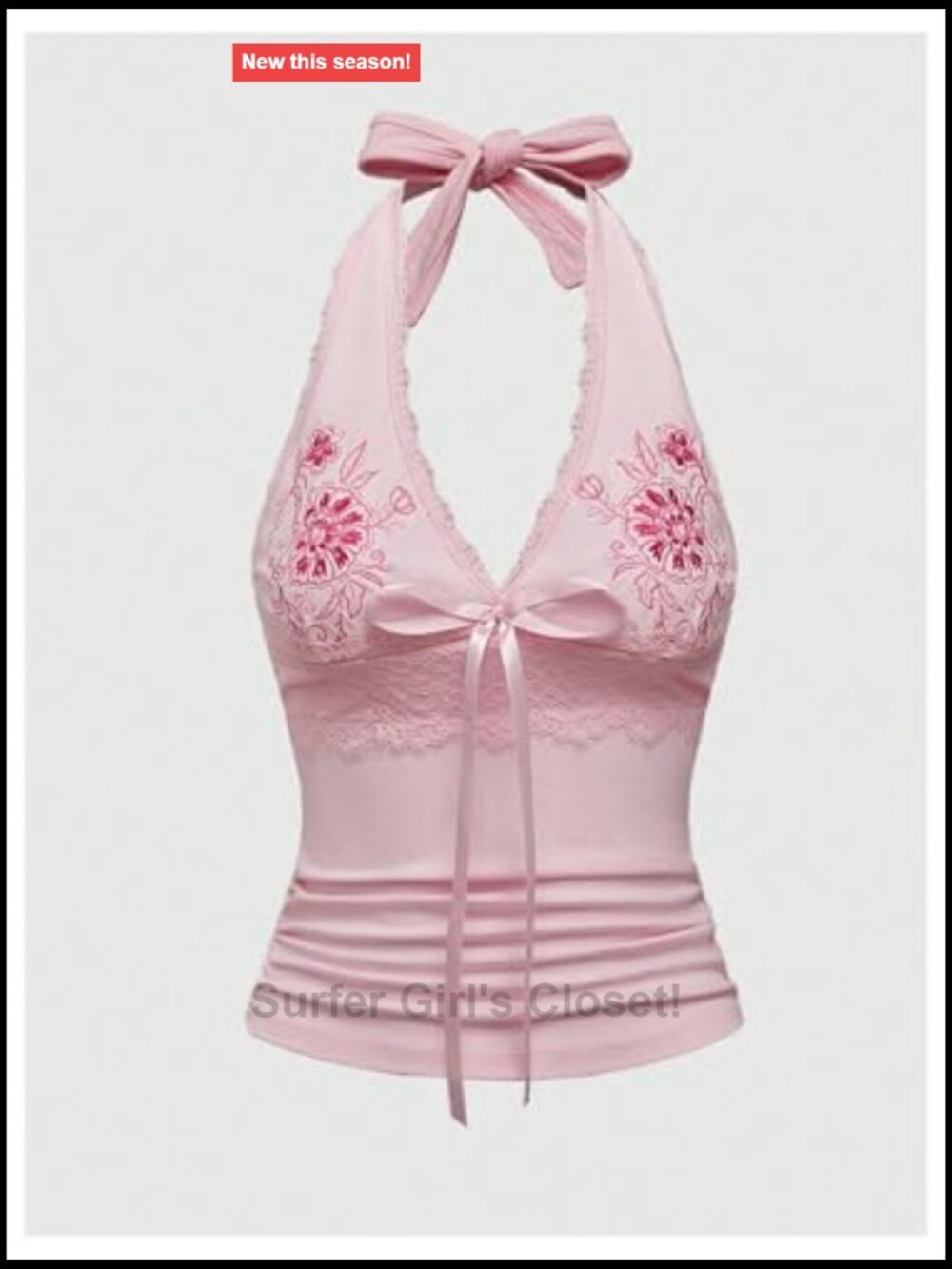 Floral Embroidery Bow Lace Trim Ruched Halter Tank Top Sleeveless Tie Back - Picture 3 of 5
